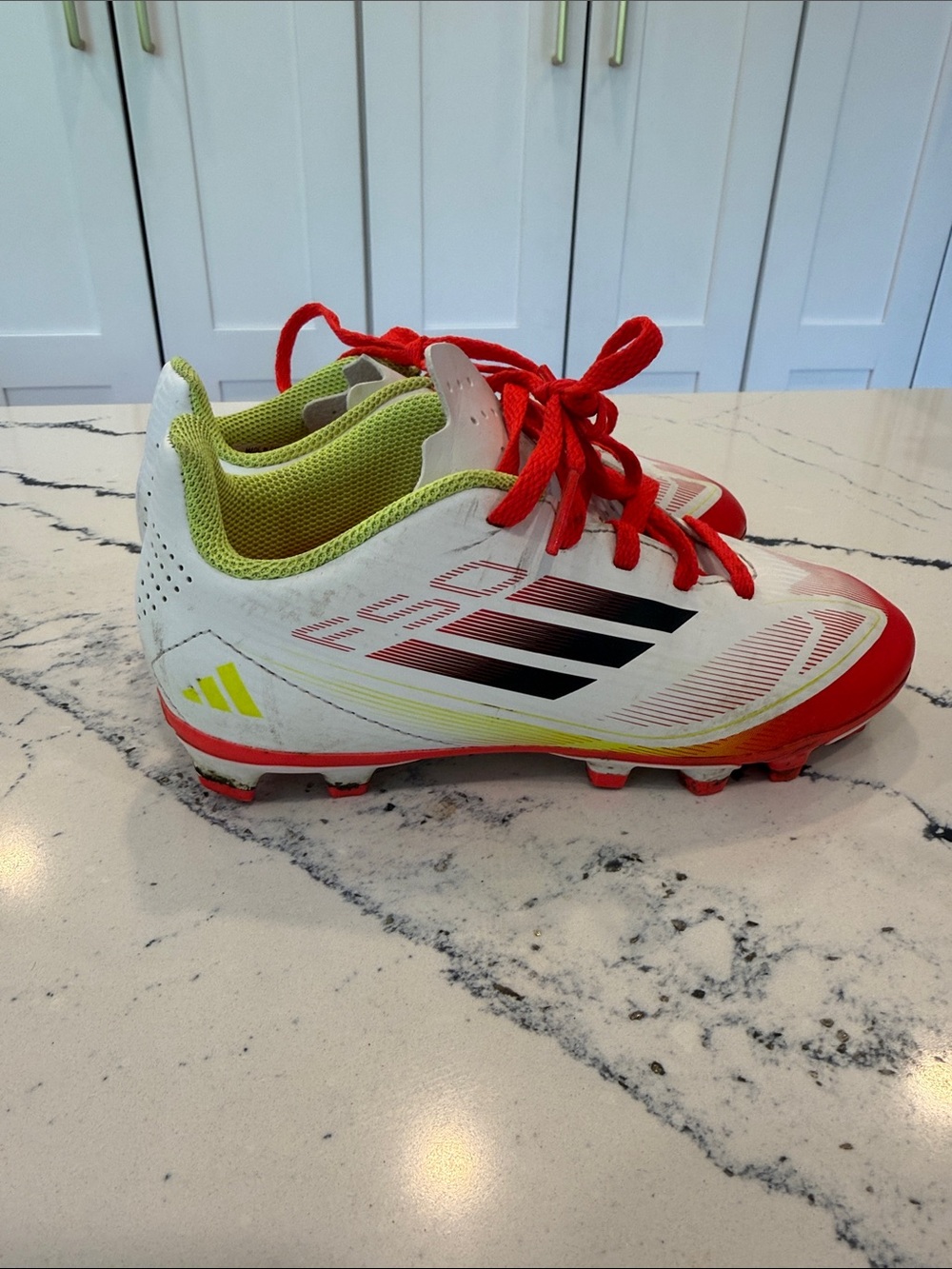 adidas Kids Soccer Cleats - White with Red Laces and Lime Interior